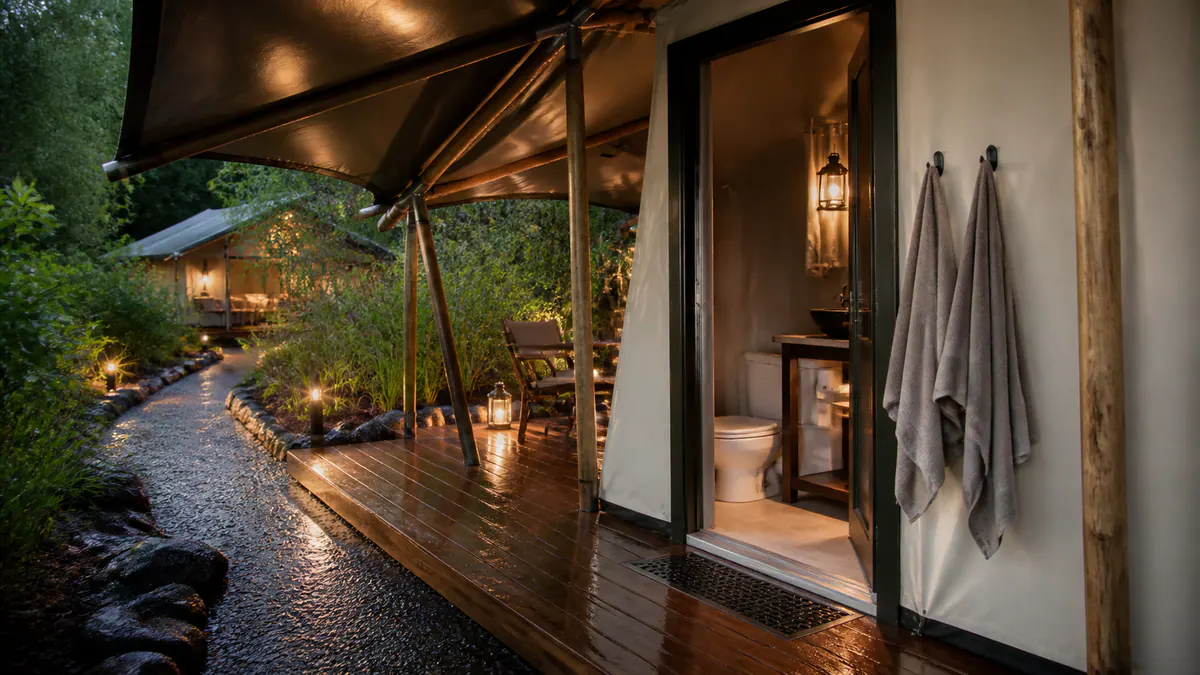 Glamping washroom, sheltered deck and weather-ready outdoor living details