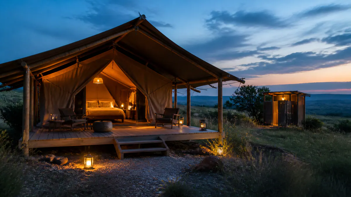 Premium canvas glamping tent with a warm interior overlooking open countryside
