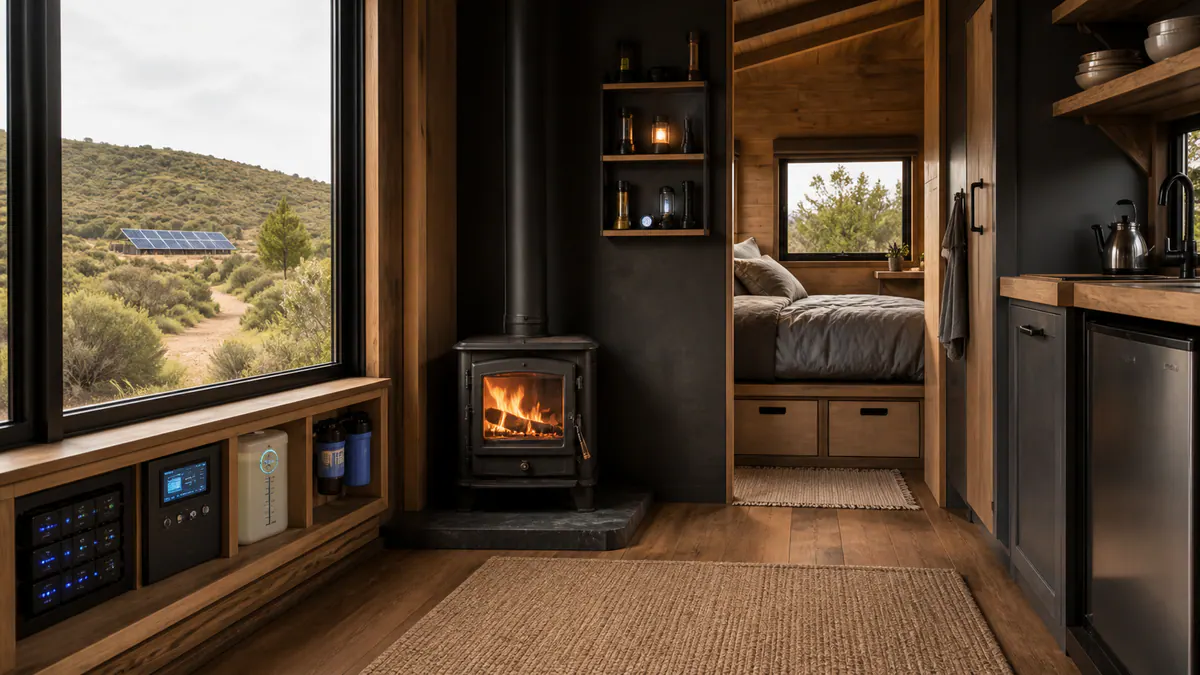 Clearly labelled off-grid power, water and communication systems inside a remote cabin