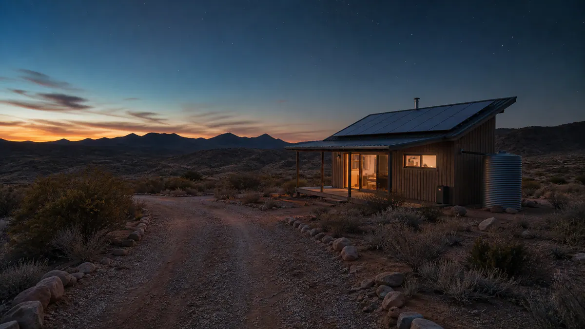 Solar-powered off-grid cabin in a dark-sky landscape with a clear access track