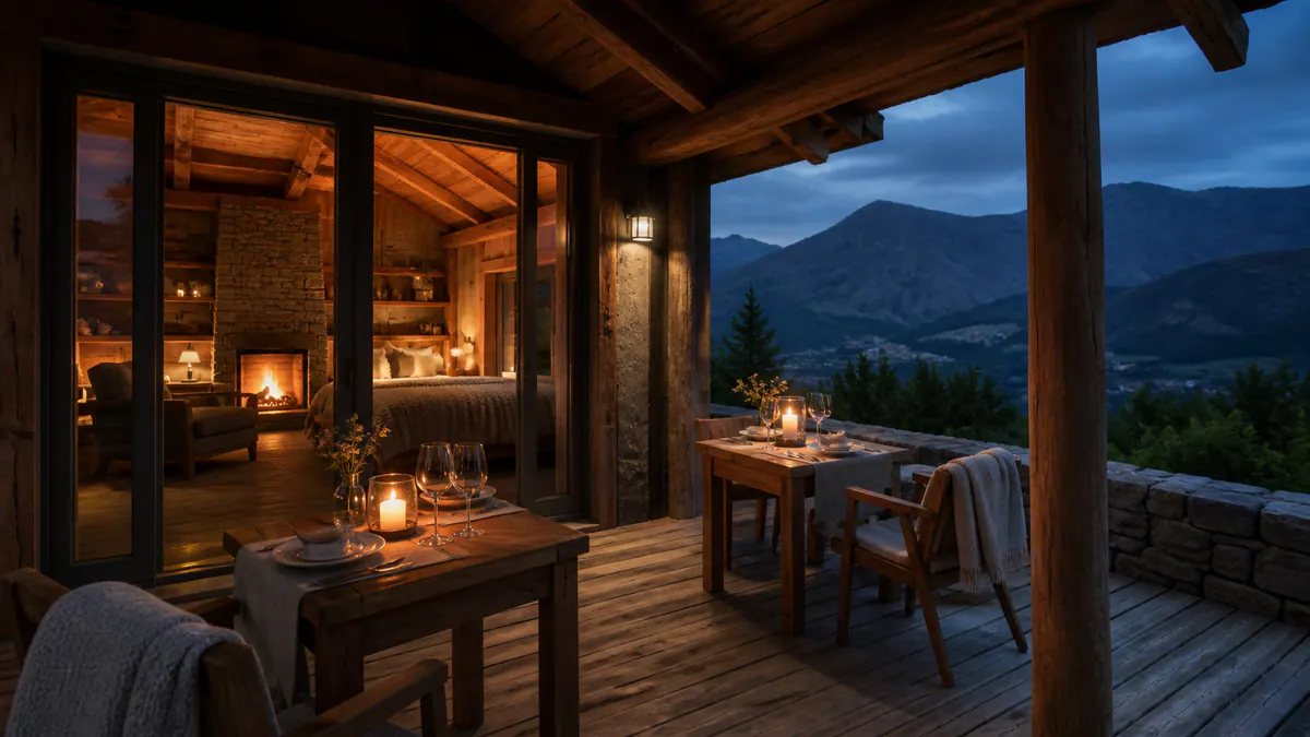 A private couples cabin with warm evening light, a sheltered terrace and mountain view
