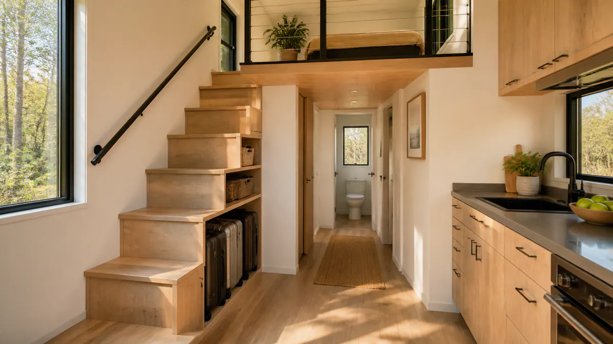 Space-saving tiny house interior with loft stair, kitchen and built-in storage