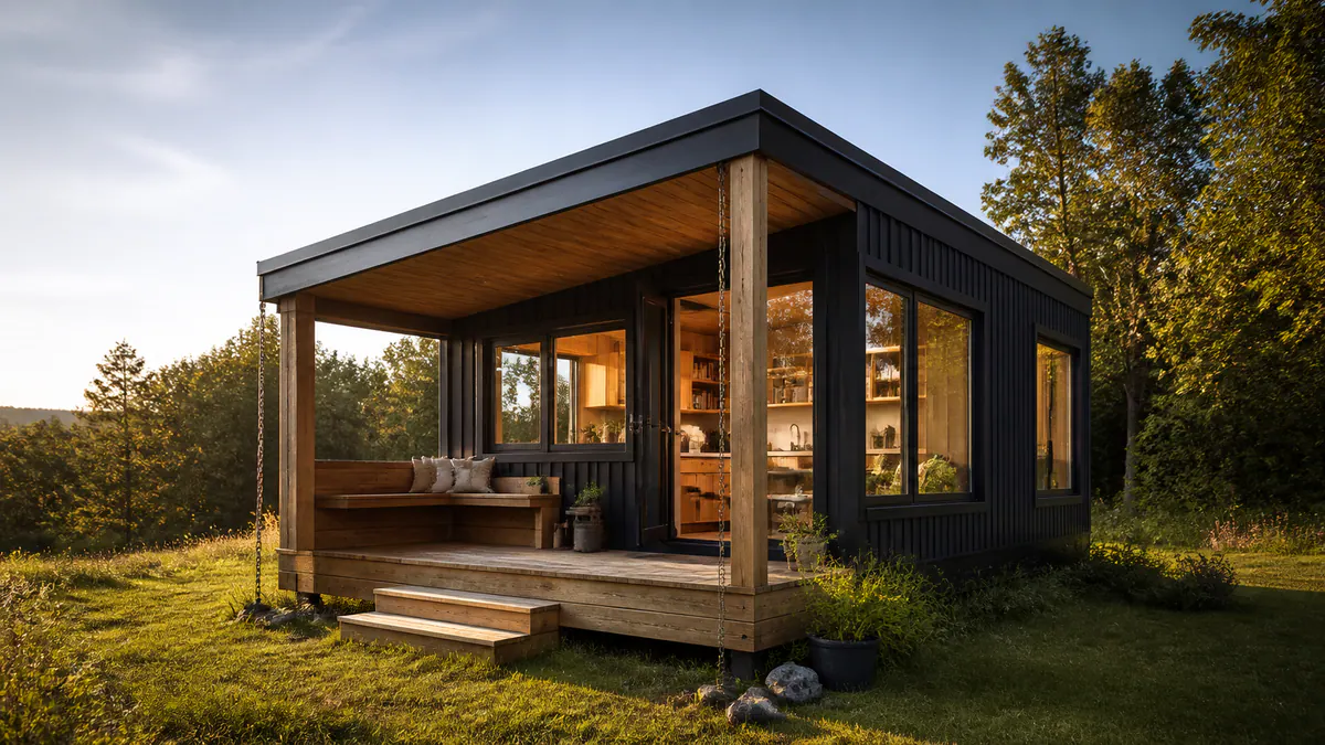 A compact design-led tiny house with a generous deck in a natural landscape
