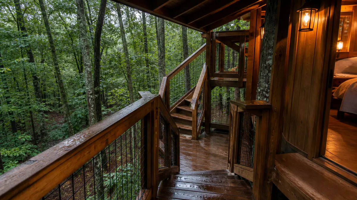 Treehouse stair, deck and canopy details showing access and privacy