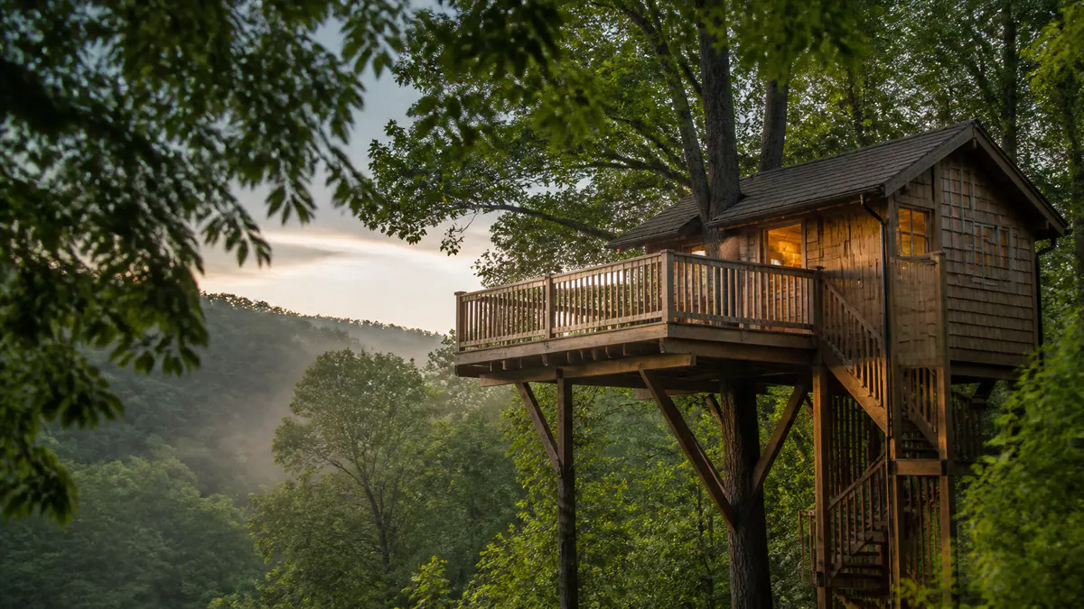 A refined timber treehouse among mature trees at soft morning light