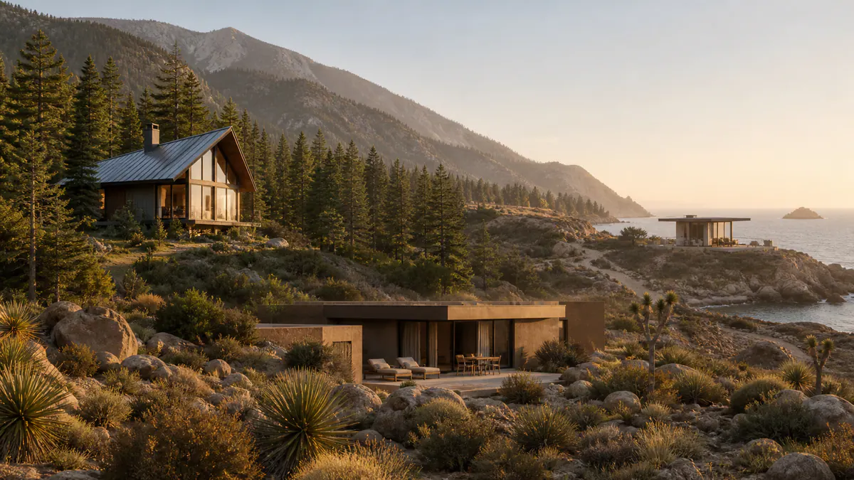 A collection of distinctive rental forms integrated into forest, desert and coastal landscapes
