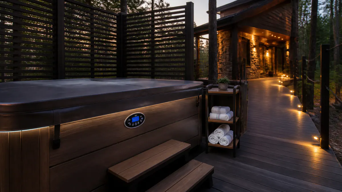 Well-maintained hot tub controls, cover and privacy screen at a vacation rental