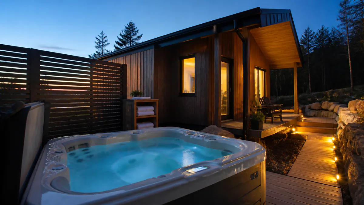 A private outdoor hot tub beside a secluded cabin under a clear evening sky