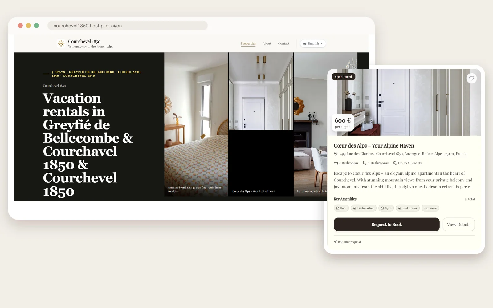 Live Courchevel direct booking website showing three stays and a booking request