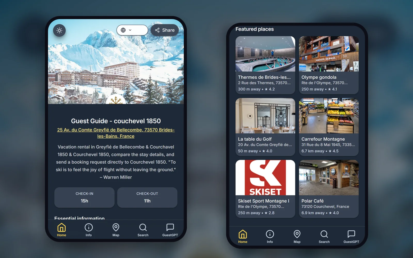 Live Courchevel mobile guest guide showing arrival details and nearby recommendations
