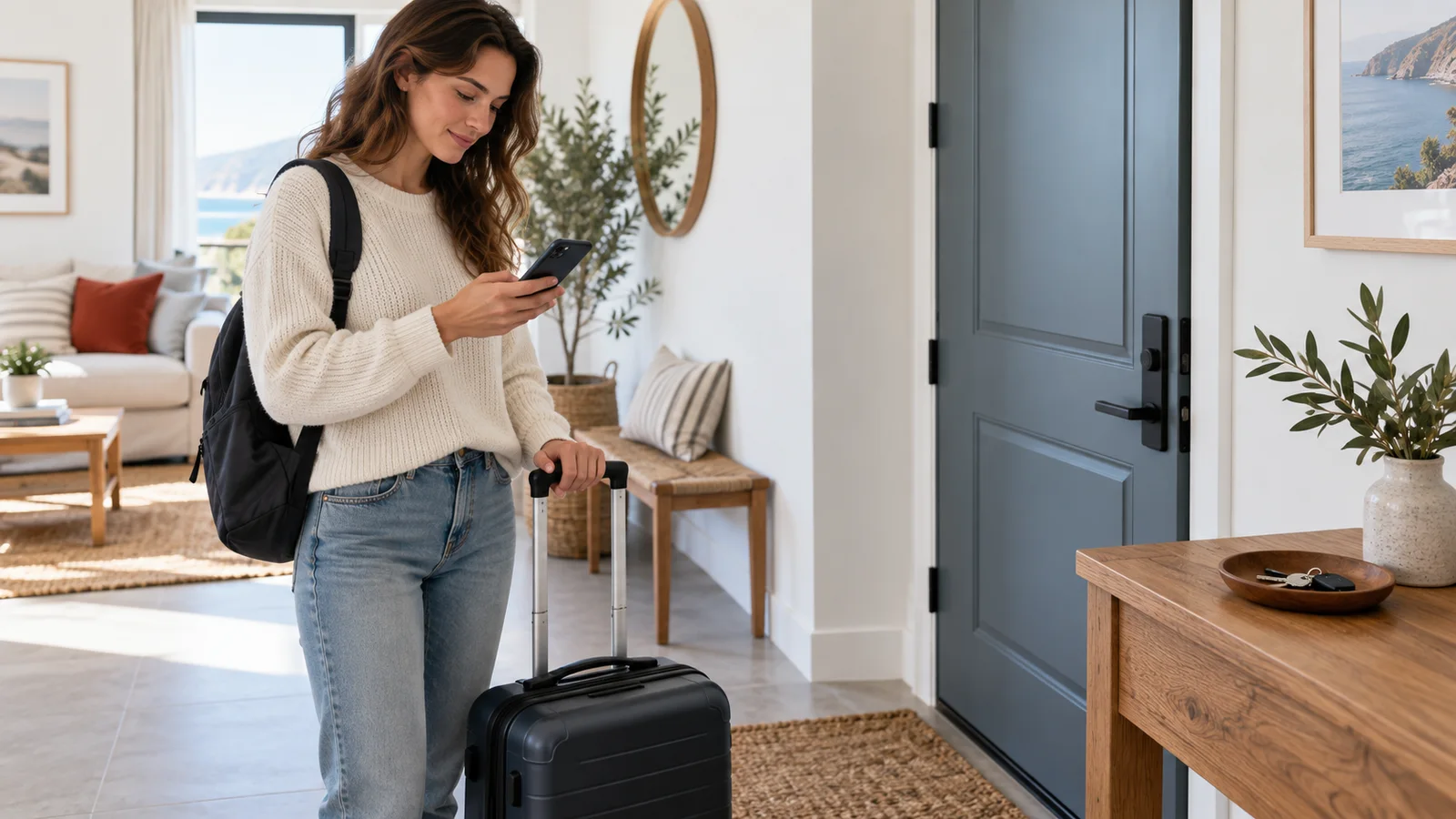 Departing Airbnb guest reading checkout instructions beside packed luggage and returned keys