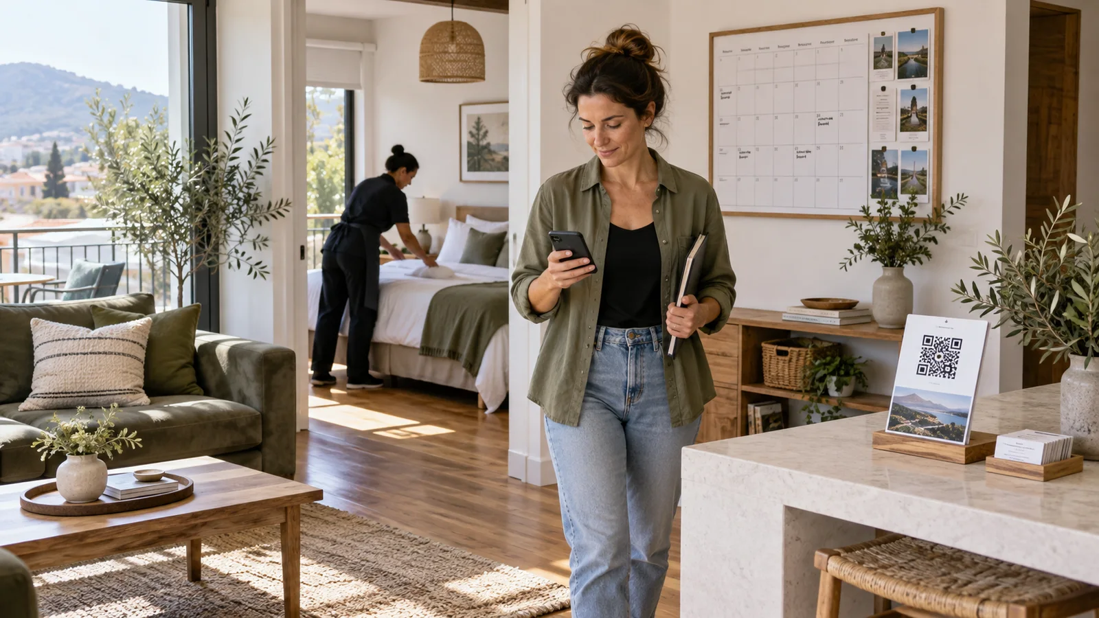 Host coordinating a cleaner, calendar, guest messages, and digital guide in a prepared rental