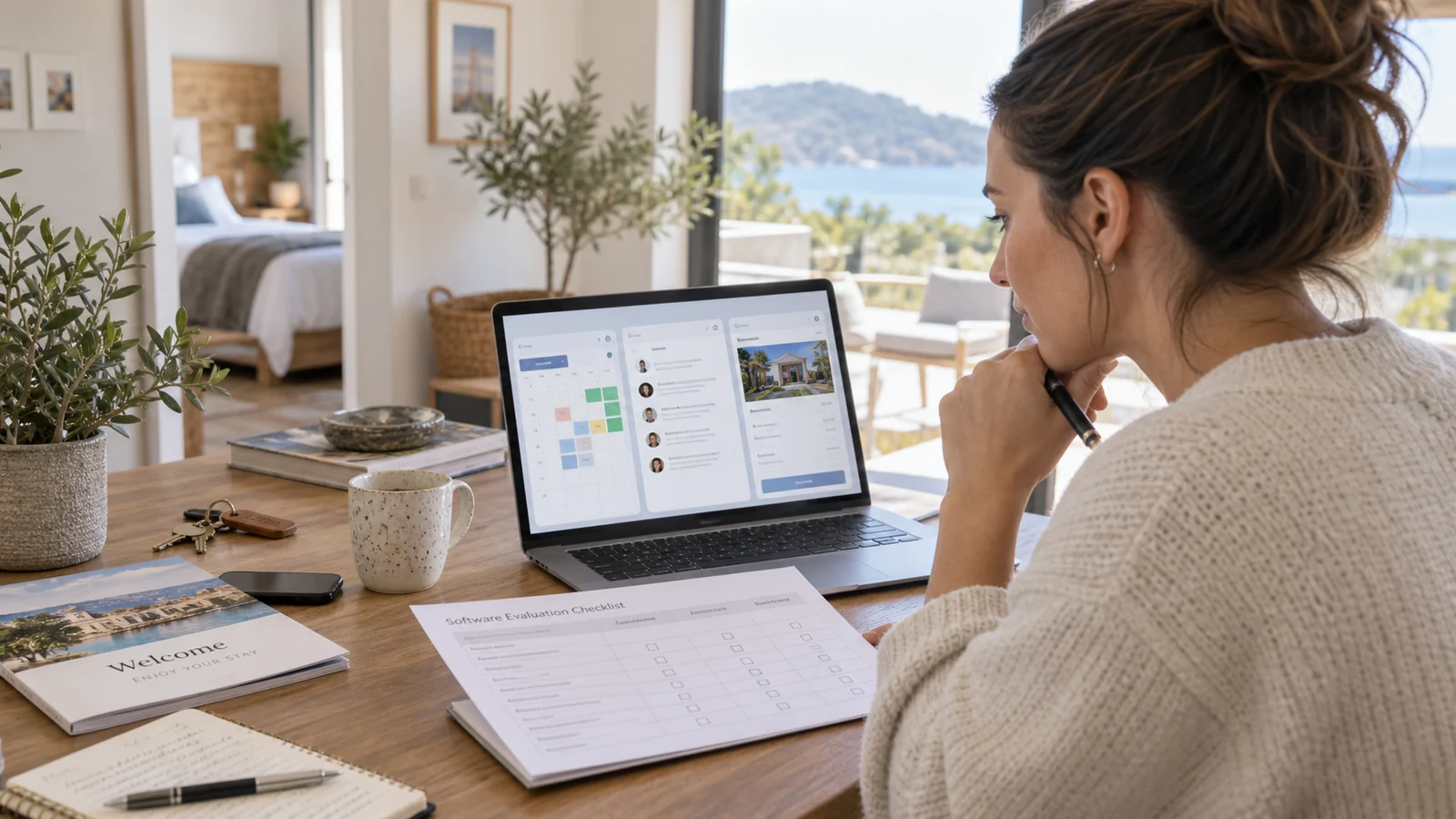 Vacation rental host comparing short-term rental software with an evaluation checklist