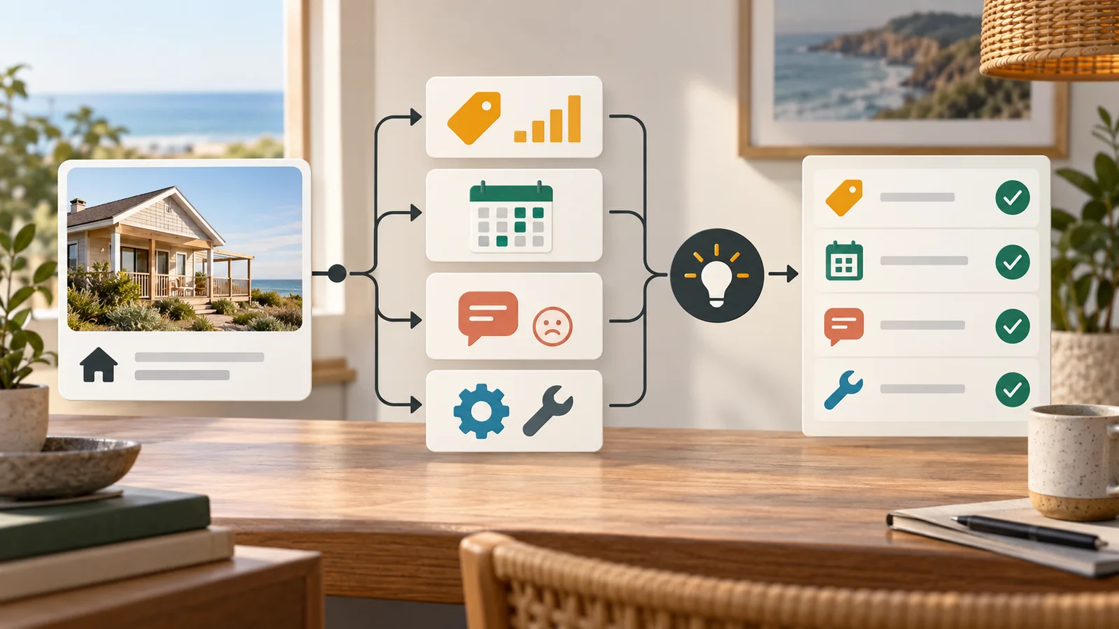 Rental property data moving through pricing, calendar, guest communication and operations into a prioritized action list