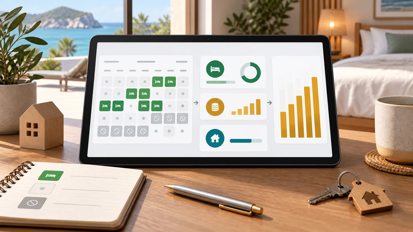 Vacation-rental analytics workflow connecting sellable calendar nights with occupancy, revenue and operating decisions