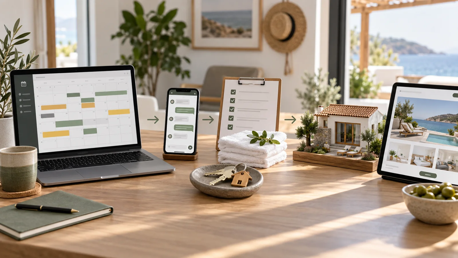 Vacation-rental operating workflow from calendar and guest messages to property readiness and a direct-booking website