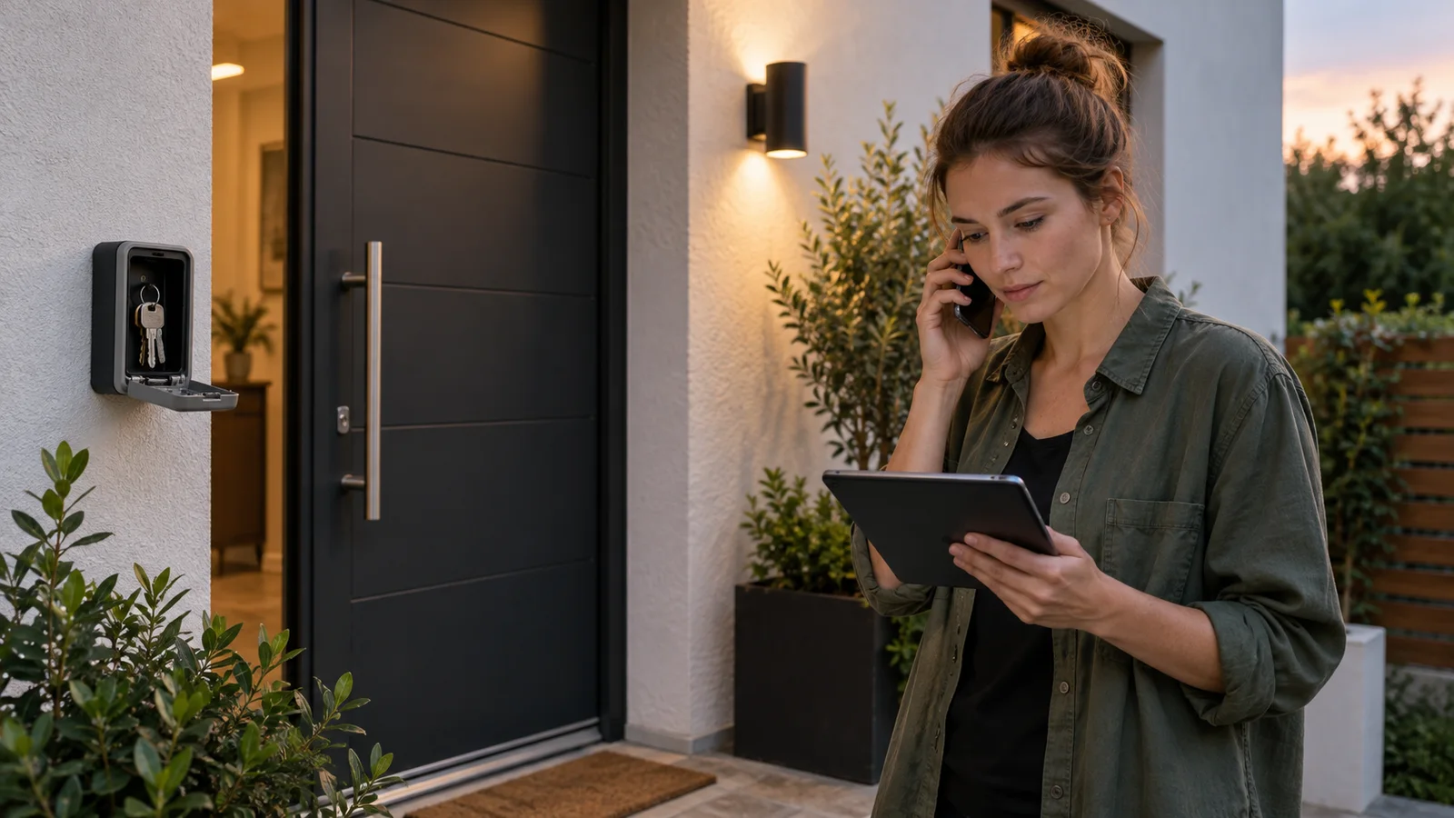 Anfitriona resolviendo por teléfono un problema urgente de acceso al alojamiento