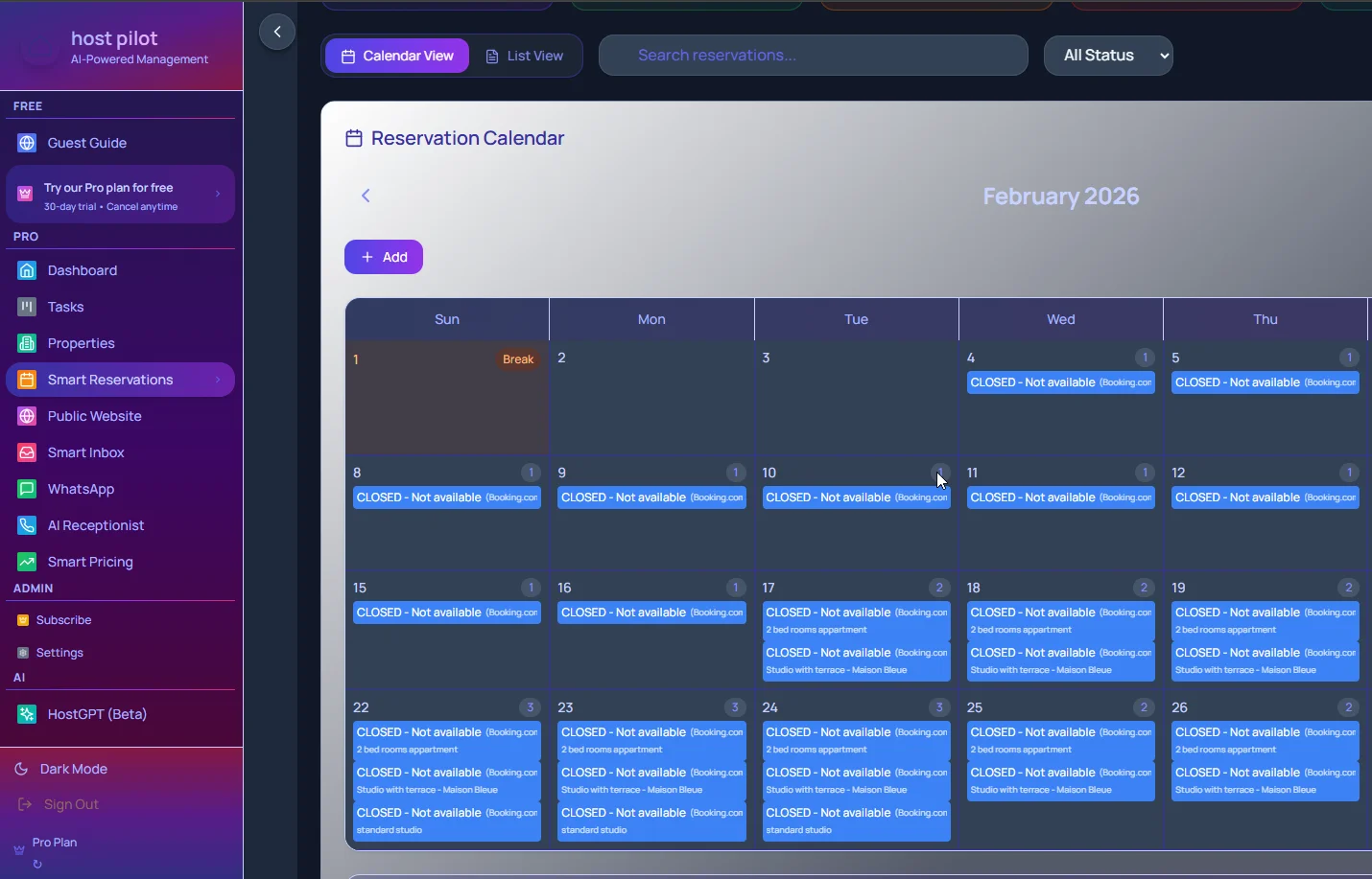 Smart reservations calendar and tasks board for short-term rental turnovers