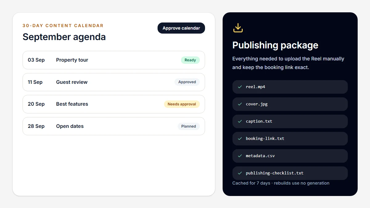Host-Pilot 30-day Reel agenda with approved campaigns and publishing package