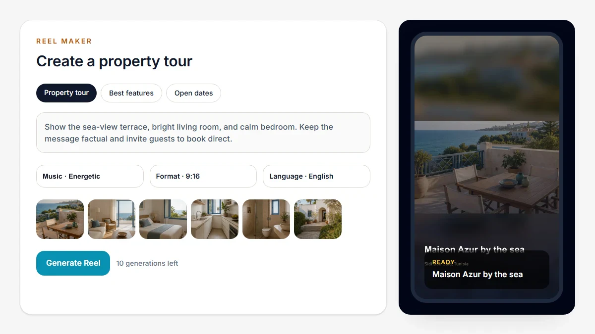 Vacation rental video maker interface with verified prompt, property photos, storyboard, and vertical Reel preview
