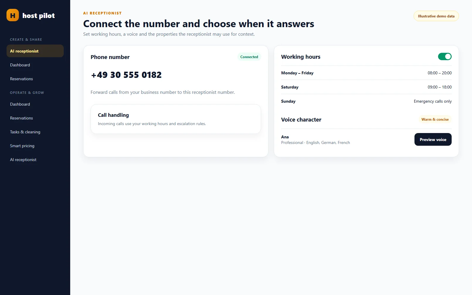 Phone number, working hours and voice configuration.
