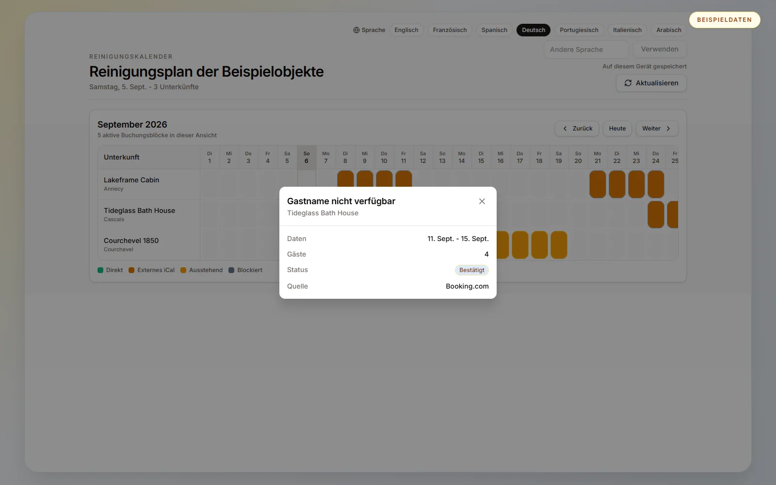 Buchungsdetails zeigen Daten, Gästezahl, Status und Quelle ohne Dashboard-Zugriff.