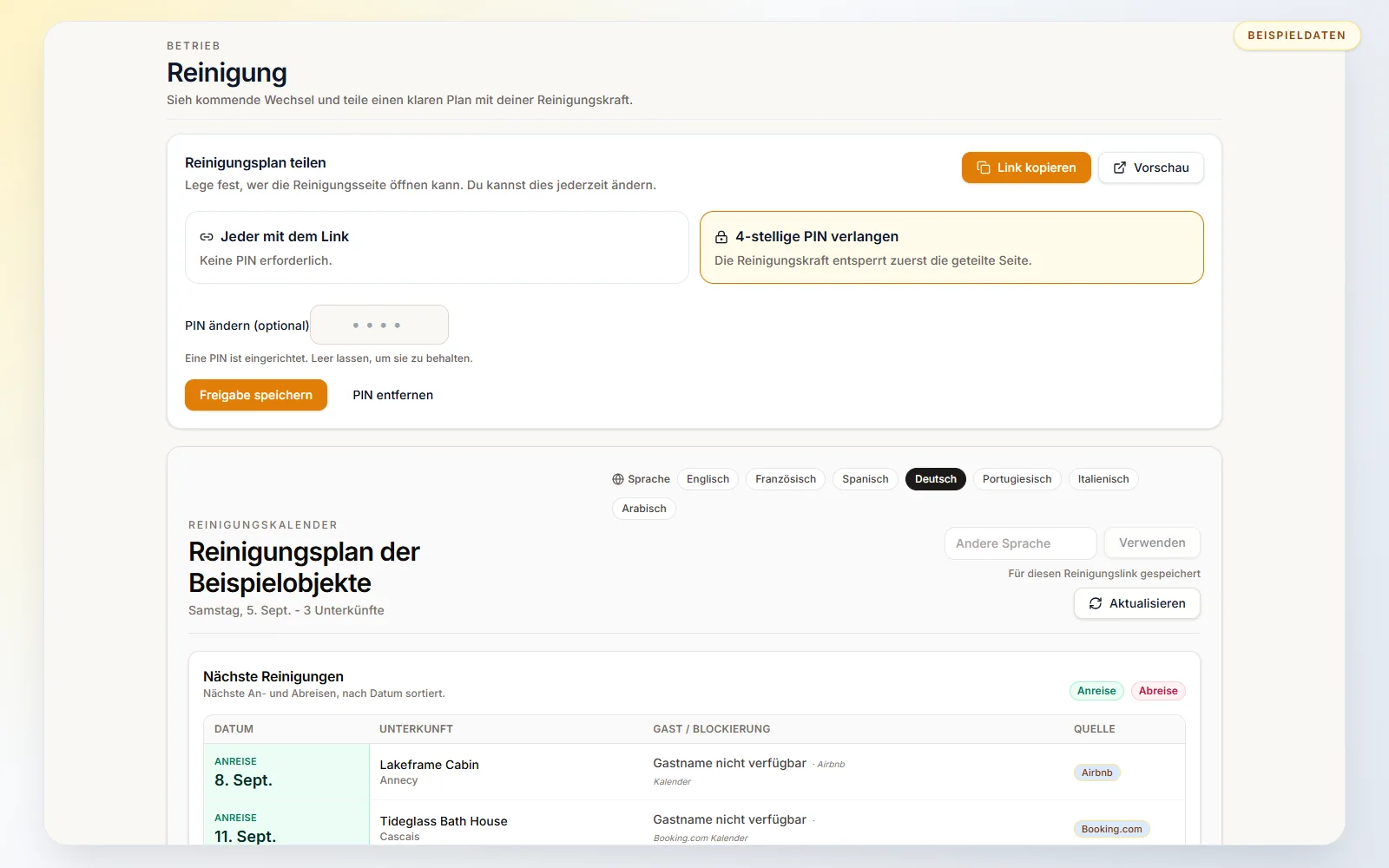 Reinigungsplan für Ferienwohnungen: Wähle Linkzugriff oder eine optionale 4-stellige PIN, bevor du den Plan teilst.