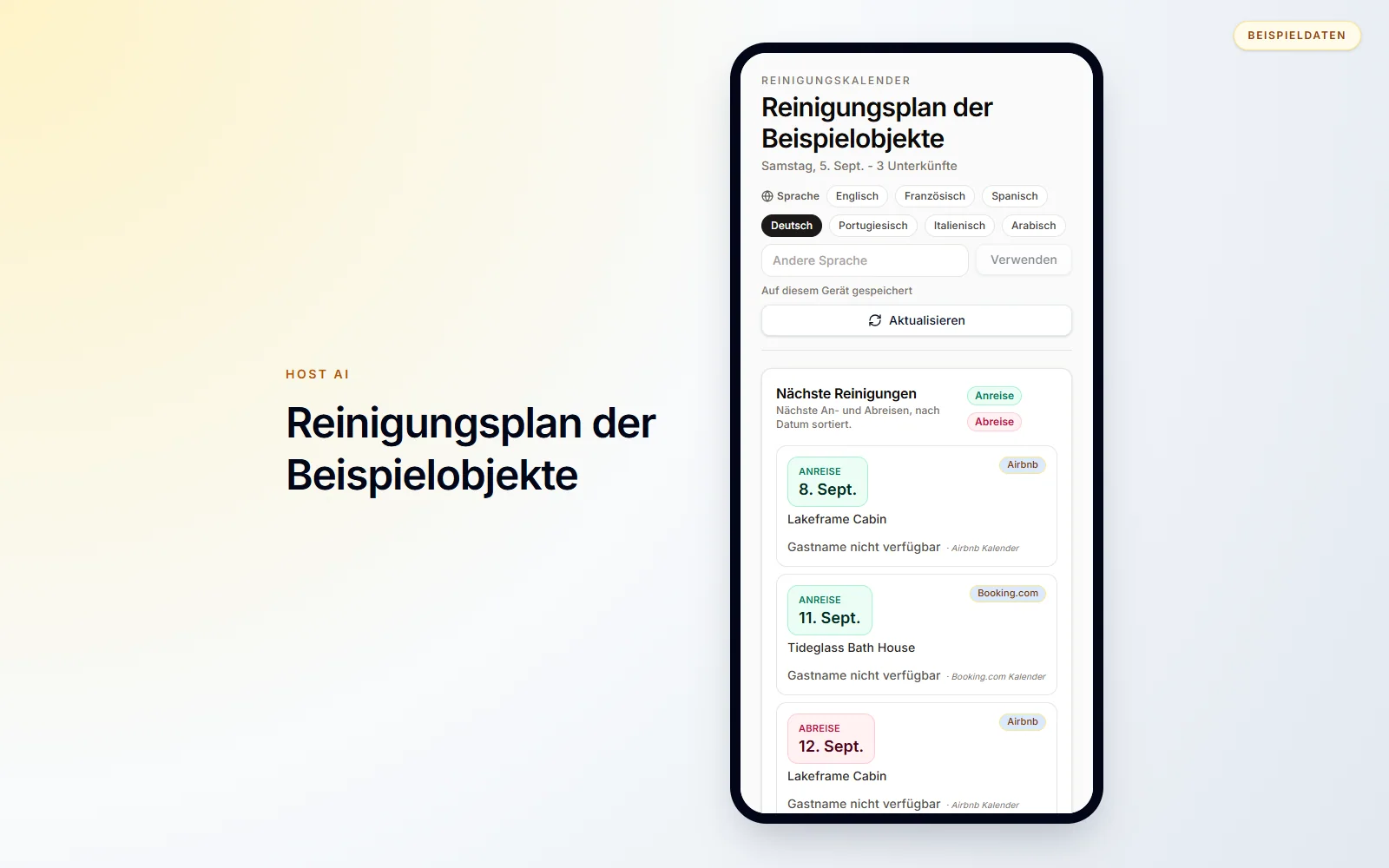 Die Reinigungskraft sieht die nächsten An- und Abreisen in einer fokussierten Mobilansicht.
