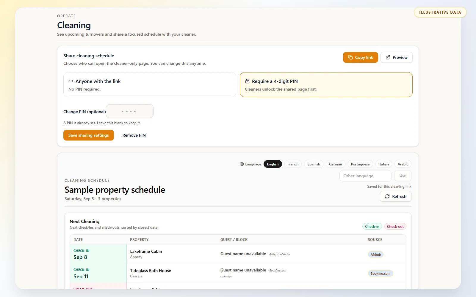 Vacation rental cleaning calendar: Choose link access or an optional 4-digit PIN before sharing the cleaner schedule.