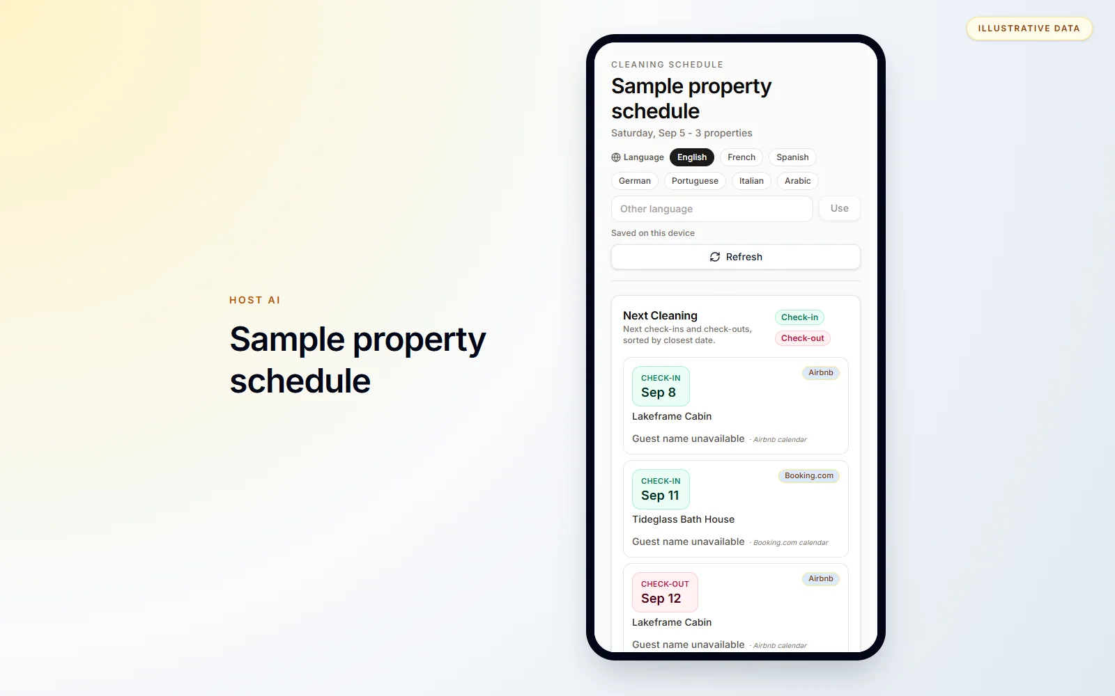 The cleaner sees the next check-ins and check-outs in a focused mobile view.
