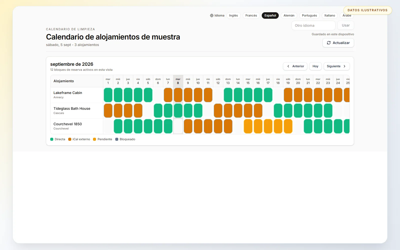 El calendario mensual reúne las fechas ocupadas de varios alojamientos.