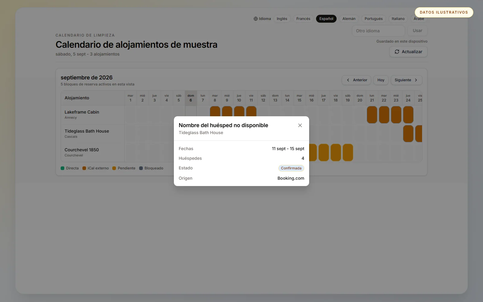 El detalle muestra fechas, huéspedes, estado y origen sin acceso al panel.