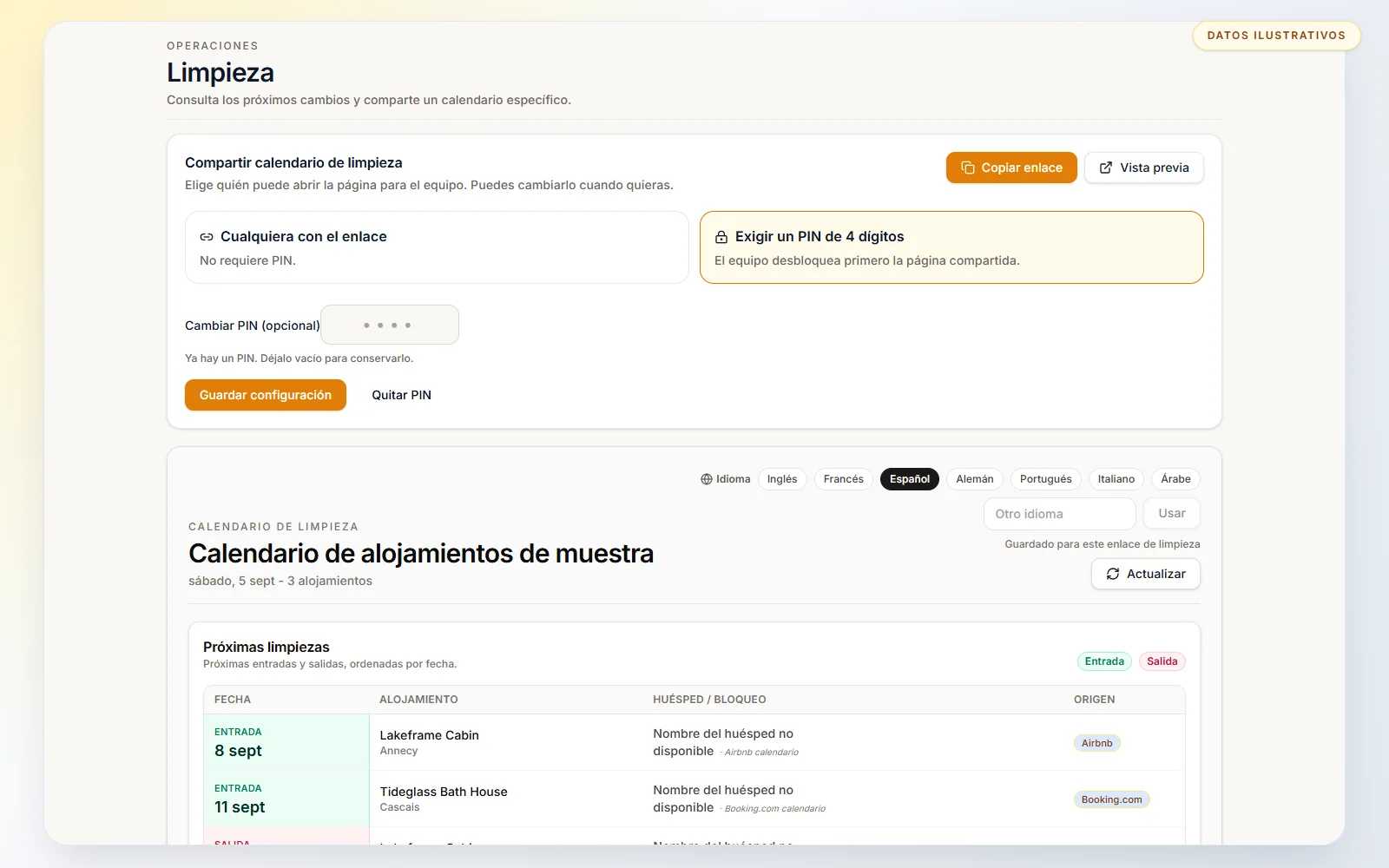 Calendario de limpieza para alquiler vacacional: Elige acceso por enlace o un PIN opcional antes de compartir el calendario.