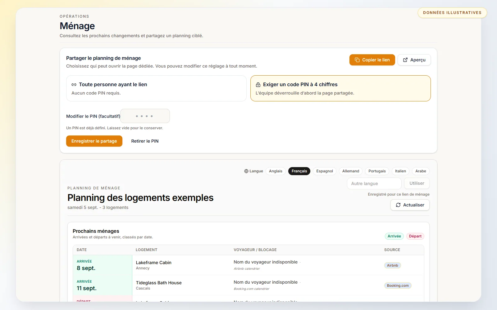 Planning de ménage pour location saisonnière: Choisissez l’accès par lien ou un code PIN facultatif avant de partager le planning.