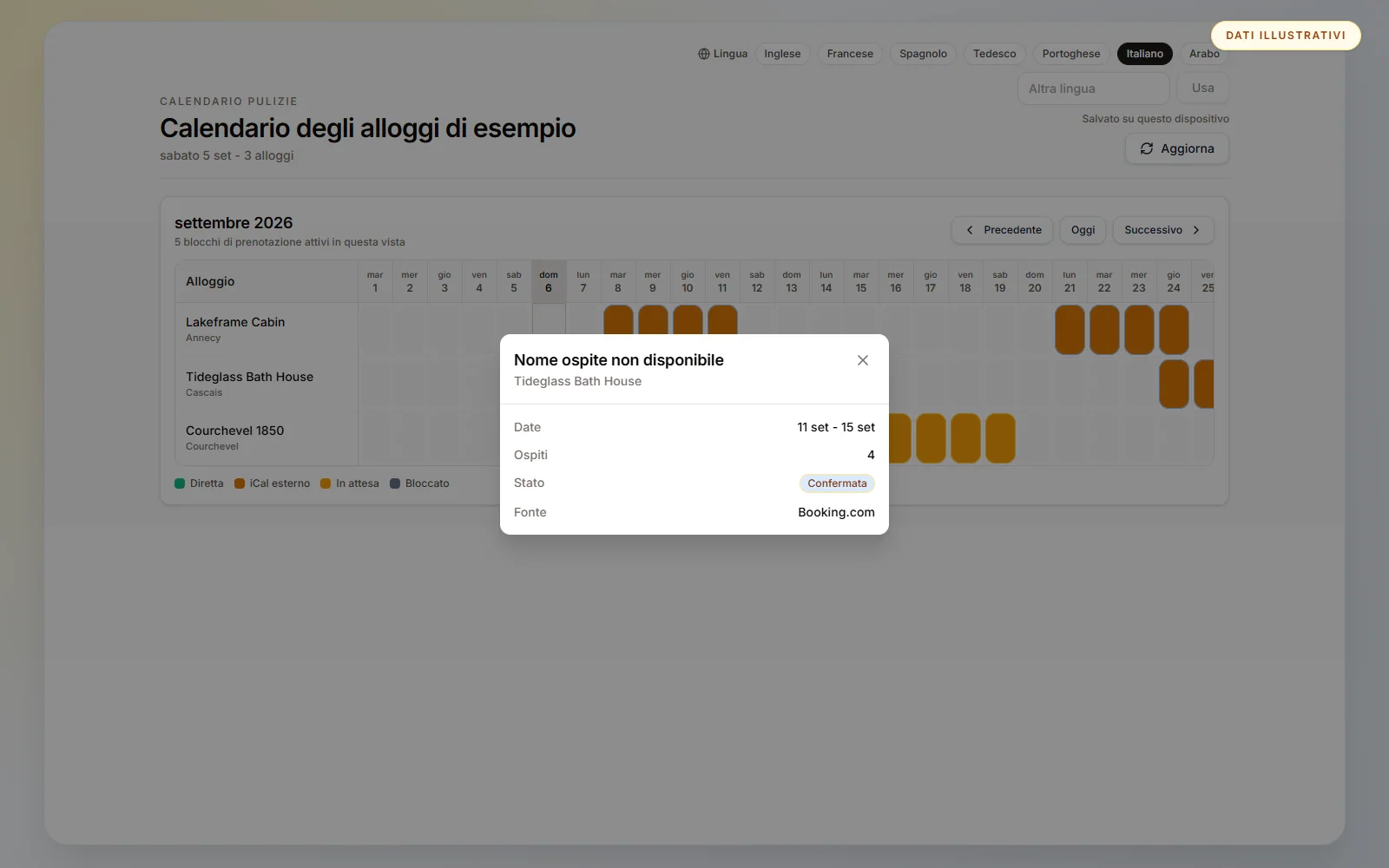 Il dettaglio mostra date, ospiti, stato e fonte senza accesso alla dashboard.