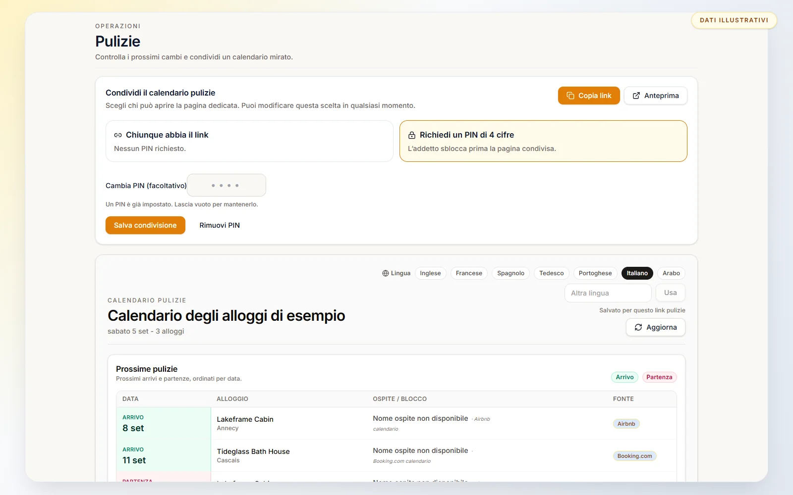 Calendario pulizie per affitti brevi: Scegli l’accesso tramite link o un PIN facoltativo prima di condividere il calendario.