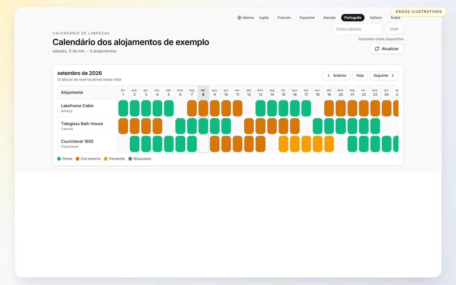 O calendário mensal reúne as datas ocupadas de vários alojamentos.