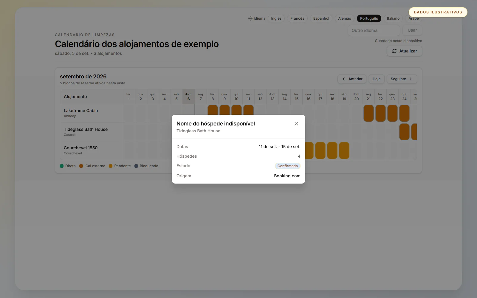 O detalhe mostra datas, hóspedes, estado e origem sem acesso ao painel.
