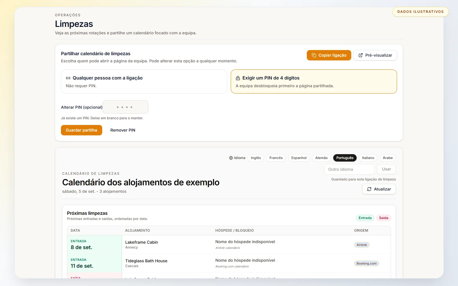Calendário de limpezas para alojamento local: Escolha acesso por ligação ou um PIN opcional antes de partilhar o calendário.