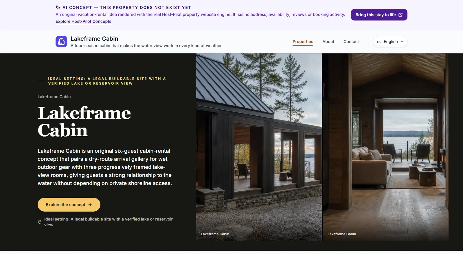 Lakeframe Cabin is a clearly labeled fictional concept rendered by the real website engine.
