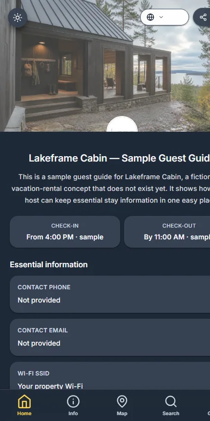 Lakeframe Cabin als klar gekennzeichnetes fiktives Beispiel.