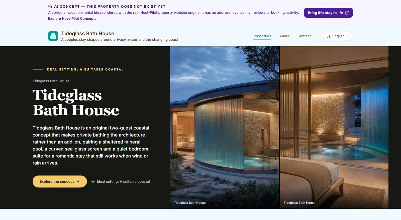 Tideglass Bath House is a clearly labeled fictional concept rendered by the real website engine.