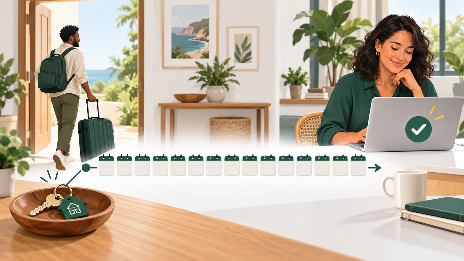 Airbnb home-review window shown as a 14-day calendar timeline after checkout