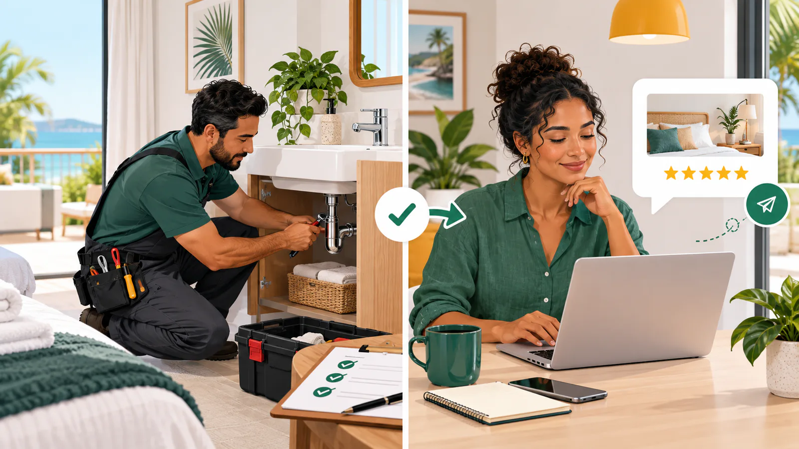 Vacation rental workflow separating unresolved guest service recovery from a later review request
