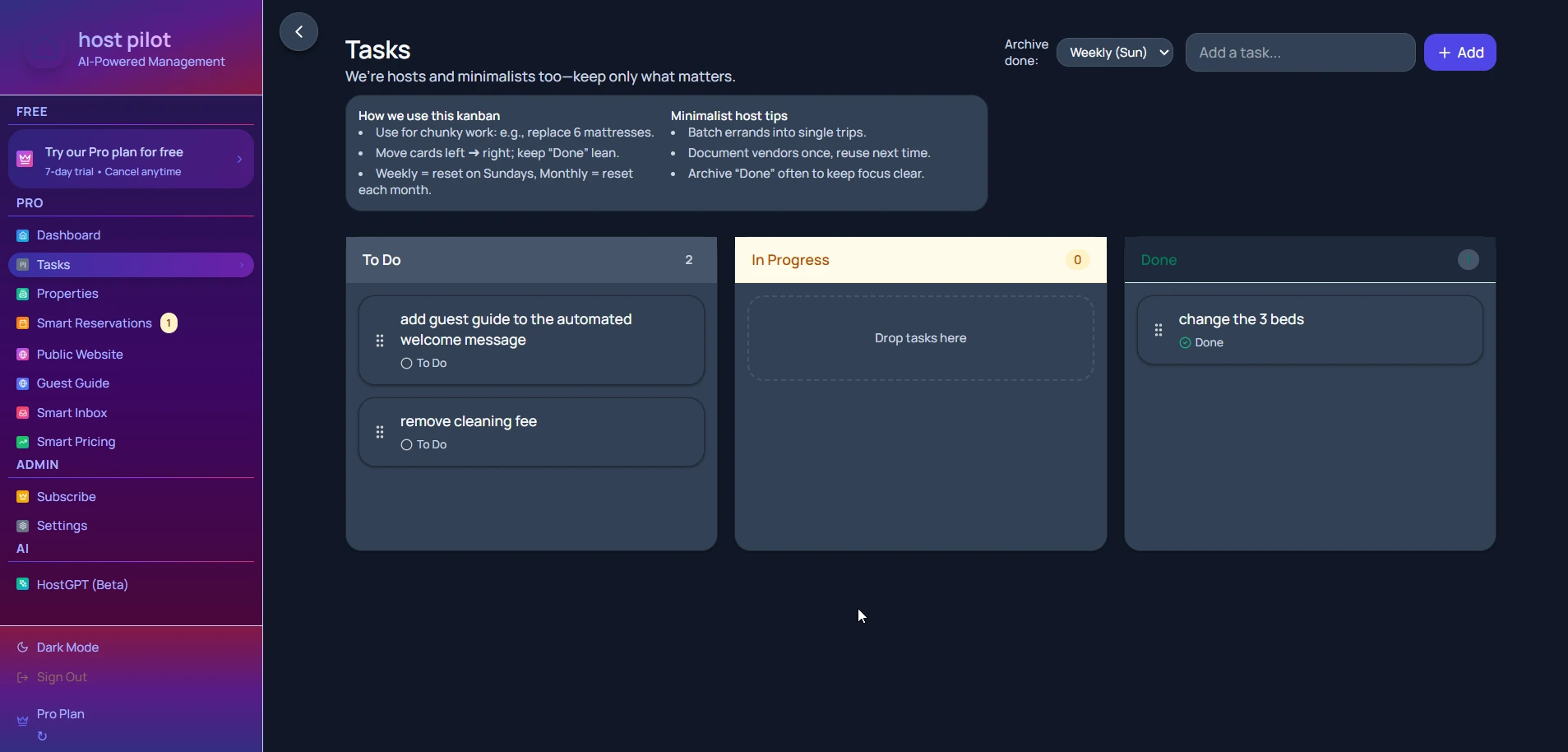 Tablero de tareas para rotaciones y mantenimiento de anfitrión