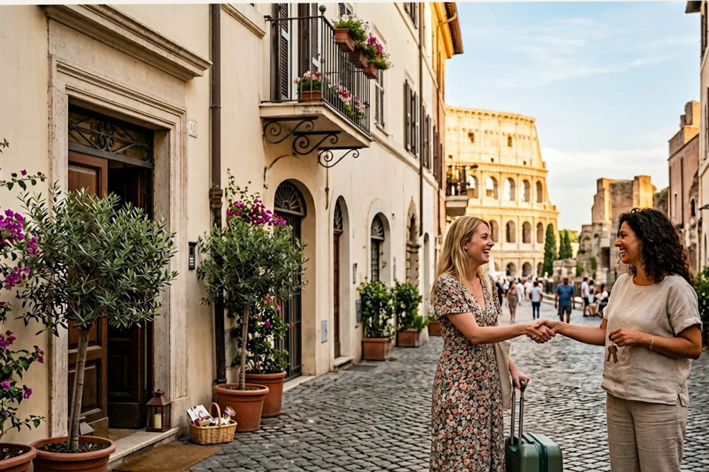 Rome host and guest using airbnb check in message workflow with Colosseum and Roman streets in the background