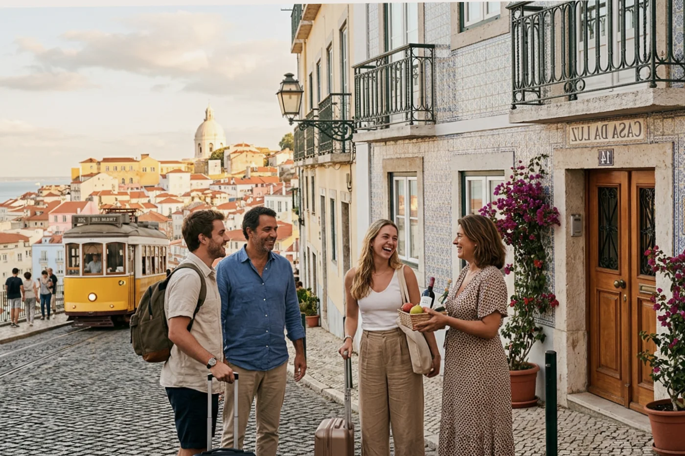Lisbon host and guest using airbnb welcome book template workflow with Tram 28 and Alfama viewpoints in the background