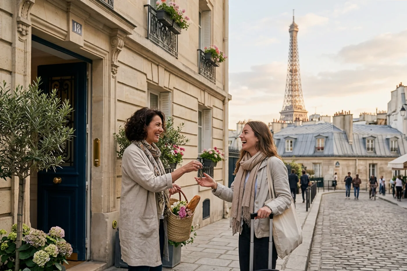 Paris host and guest using airbnb welcome book template workflow with Eiffel Tower and Parisian rooftops in the background
