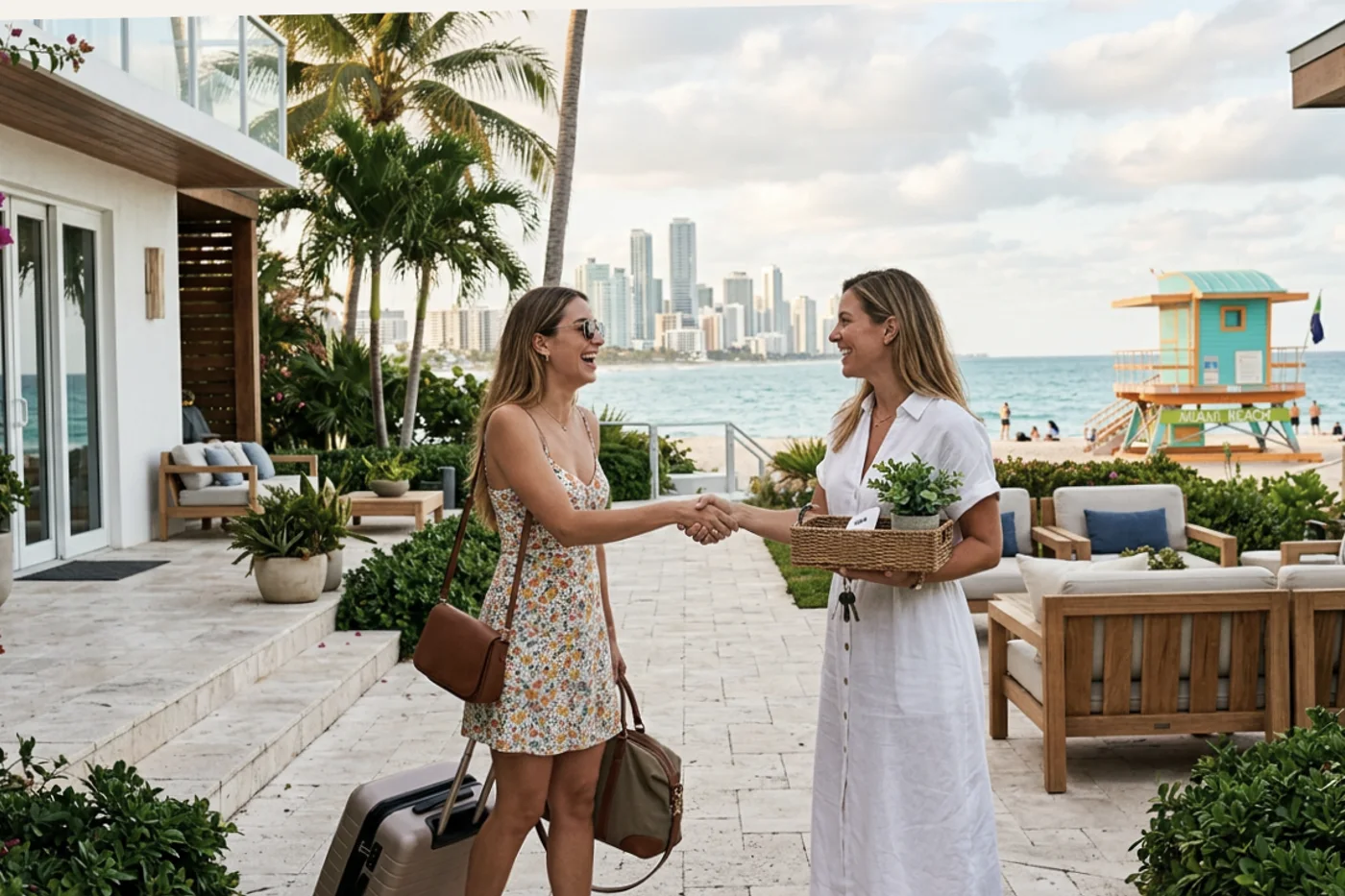 Miami host and guest using airbnb wifi password message workflow with Miami Beach lifeguard towers in the background