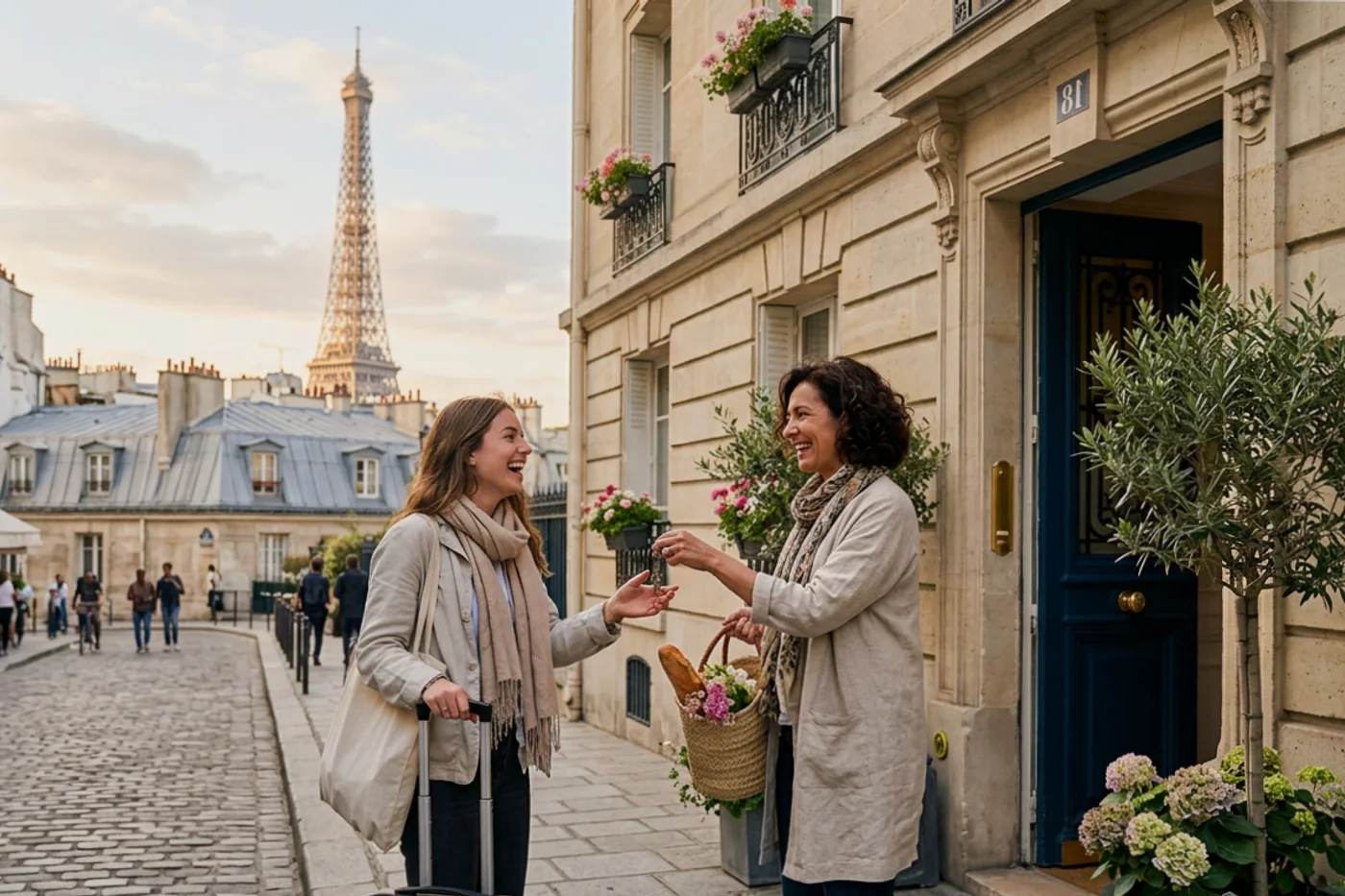 Paris host and guest using airbnb wifi password message workflow with Eiffel Tower and Parisian rooftops in the background